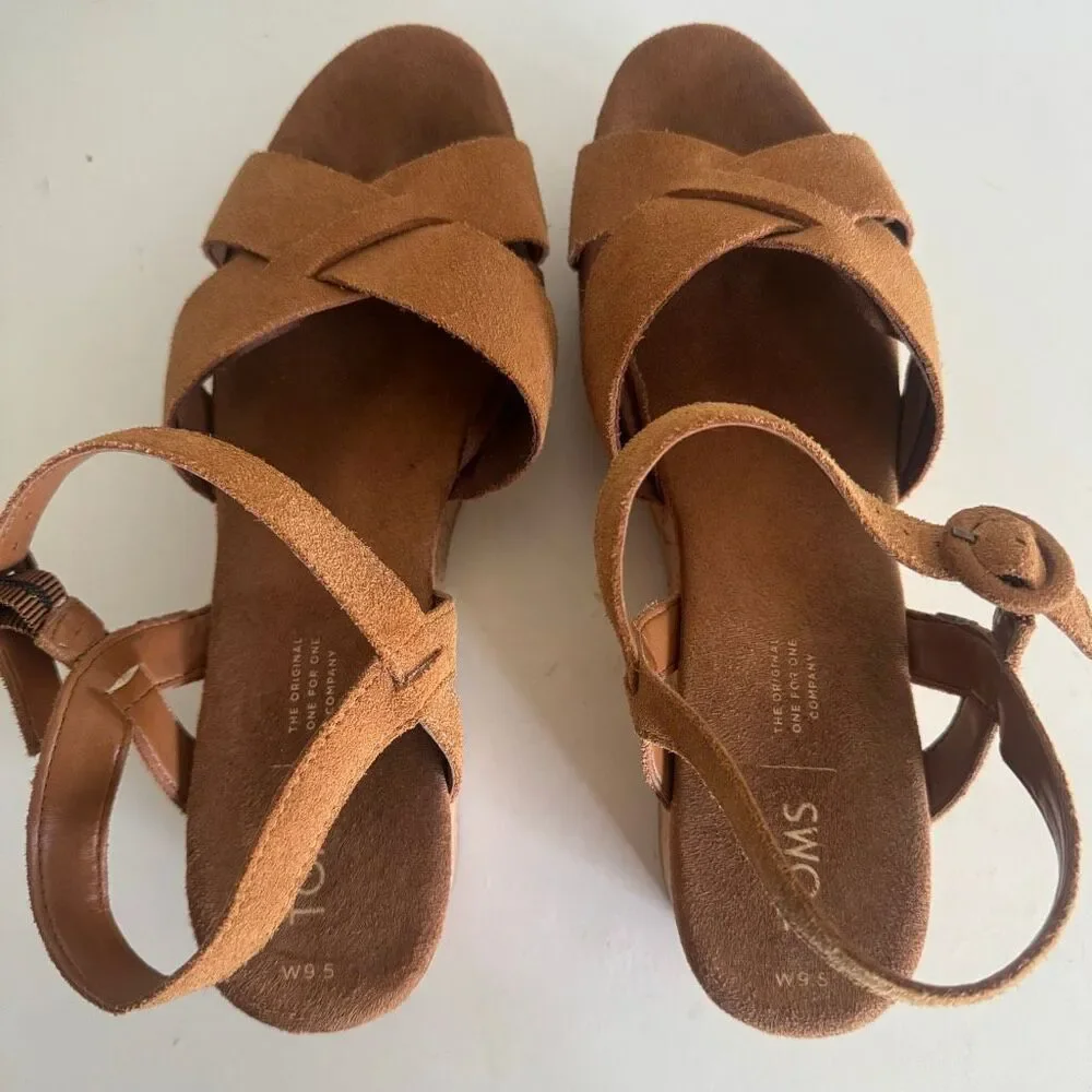 TOMS Suede Criss Cross Platform Cork Sandals Size 9.5 Tan